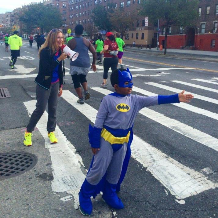 my cheering partner, Batkid. We had this thing where I'd yell: Batman High Five for extra power to the finish and things like that. Everyone got a kick out of it.