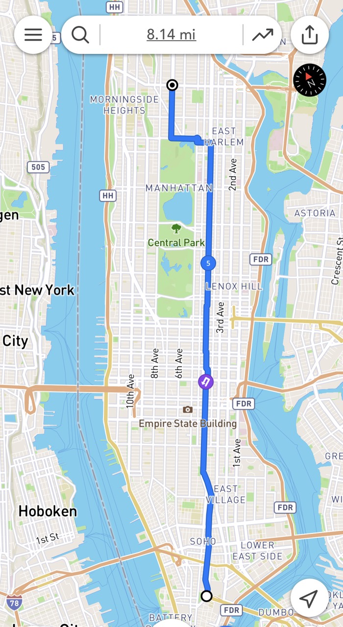 this is what it looks like, pretty much. But you can run into the Brooklyn Bridge all the way to Brooklyn to add a few more miles.